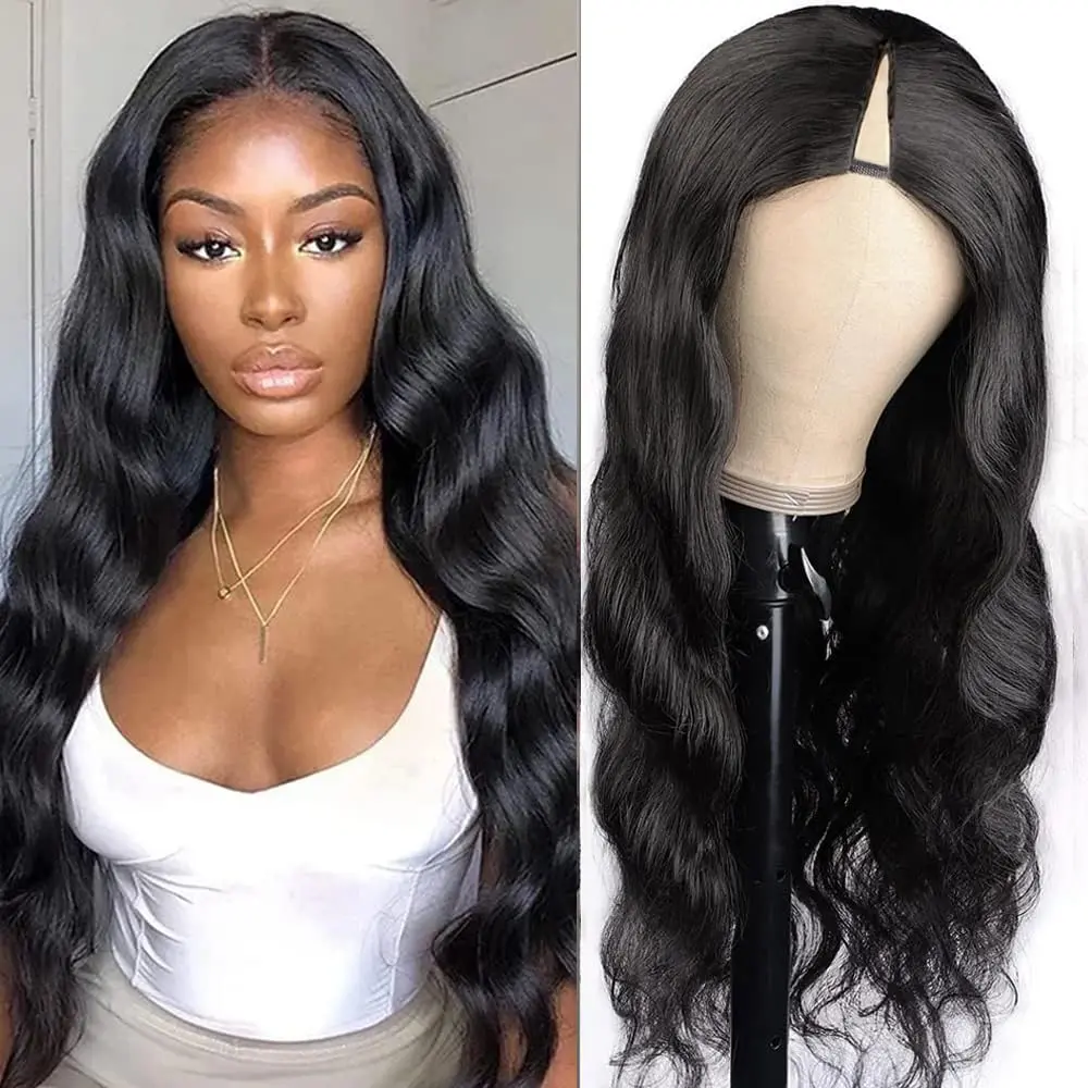 24 Inch V Part Body Wave Half Wig 180% Density Premium Protein Silk Synthetic Fiber Upgrade U Part Wigs For Black Women Glueless Clip In Wear And Go Natural Black
