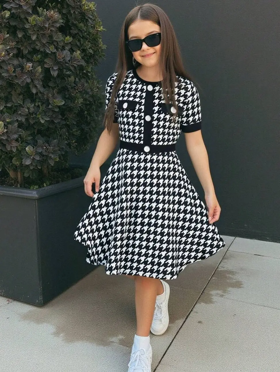 Tween Girls Houndstooth Button Decor Round Neck Fitted Elegant Midi Dress | Chic Casual Outfit, Party Wear | Summer Fashion