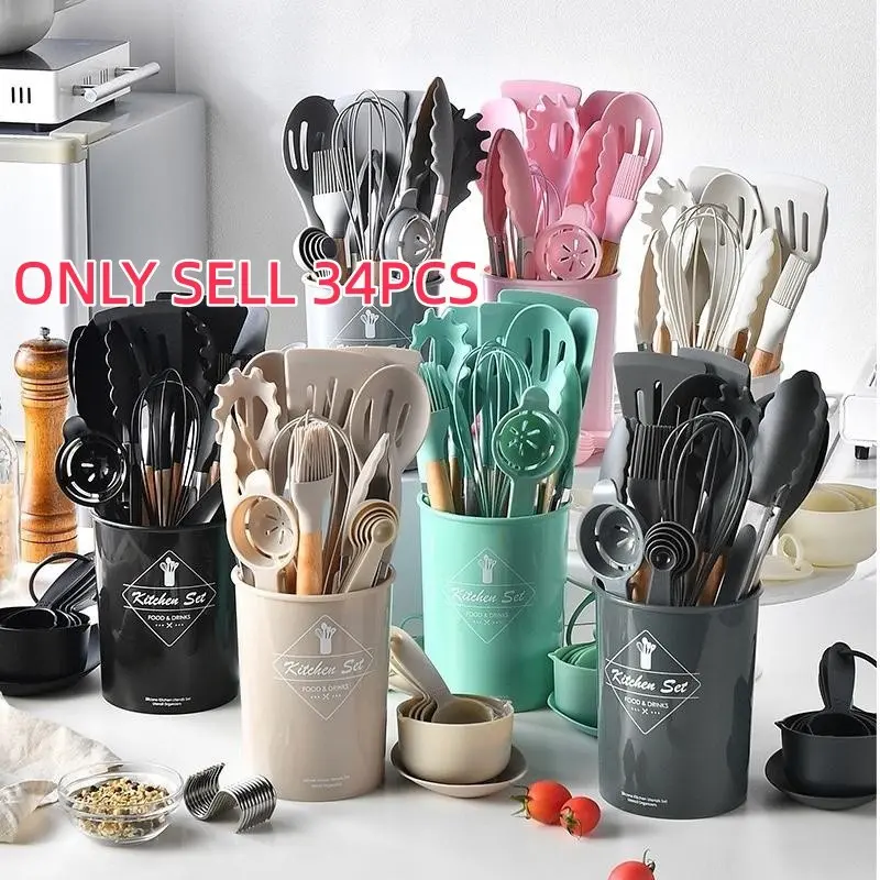 Silicone Kitchen Utensils Set, 34pcs/set Non-stick Baking Utensils Set with Wooden Handle, Cooking Utensils Set for Home Kitchen, Silicone Spatula Set, Cooking Tools, Cooking Accessories