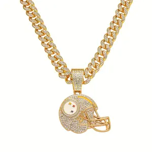 EVERFASHION Men's Sports Cuban Chain Necklace with Rhinestone Football Helmet Pendant, Suitable for Daily and Sports Occasions