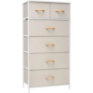 Dresser for Bedroom Tall Skinny Dresser Storage Tower - Sturdy Steel Frame,  Top, Fabric Bins,  Handles - Organizer Unit for Entryway, Hallway, Closets - 6 Drawers (Beige)