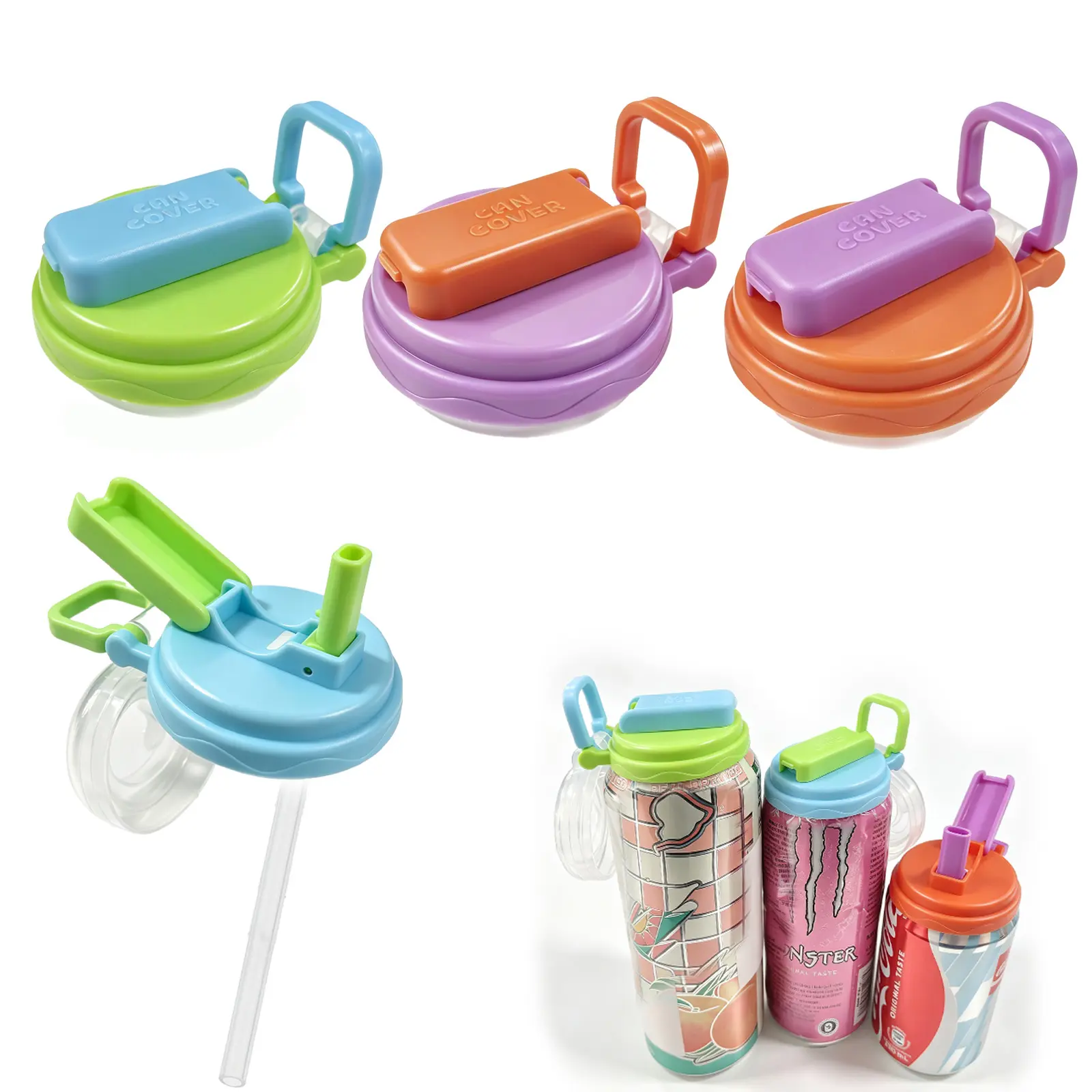 Reusable Soda Can Lids with Straws 4-Pack - Colorful, No Opener, Includes Straw Storage Case, 2 Lengths for Various Height Drink Cans, Home Supplies Cup Holder Accessory