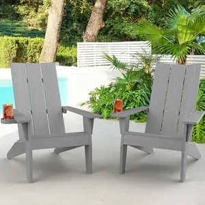 MXIMU Modern Adirondack Chairs Set of 2 Weather Resistant with Cup Holder Oversize Plastic Fire Pit Chairs Adorondic Plastic Outdoor Chairs for Firepit Area Seating (Grey)