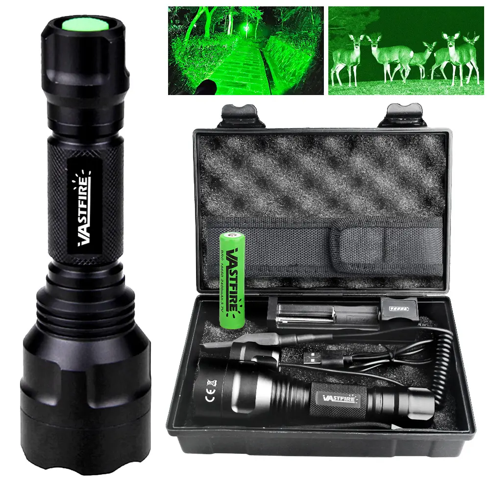 VASTFIRE C8-M Tactical Flashlight - 1200 Lumen Green LED Rechargeable Model with Remote Control Switch, 18650 Battery, 350 Yd Range, Camping Accessories for Night Fishing, Camping