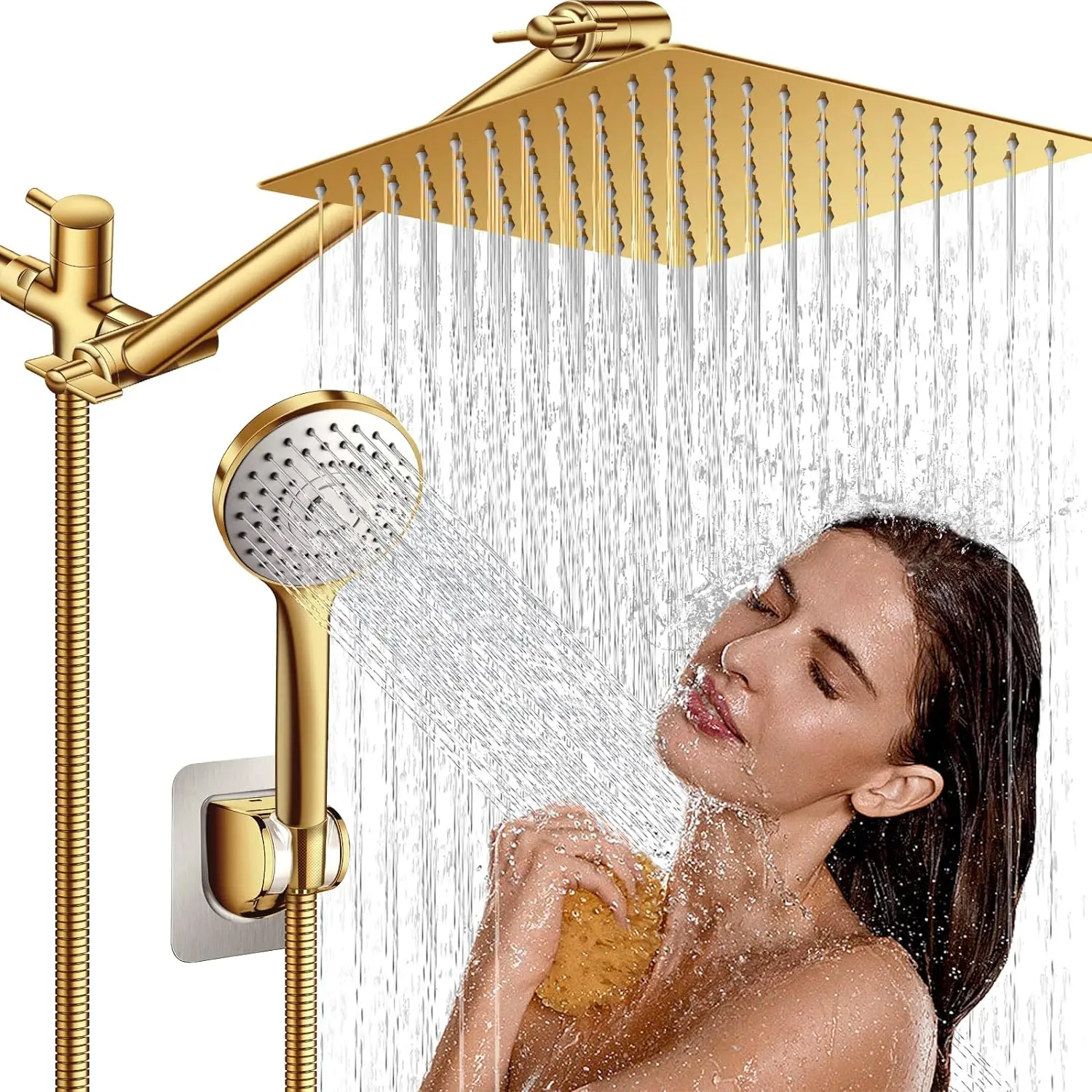 Elegant Synthetic Adjustable Stand Showerheads & Handheld Showers Combo, 10" Rain Shower with 11" Adjustable Extension Arm, 5 Spray Settings, 60" Anti-Leak Hose, 1/2" Pipe Threads