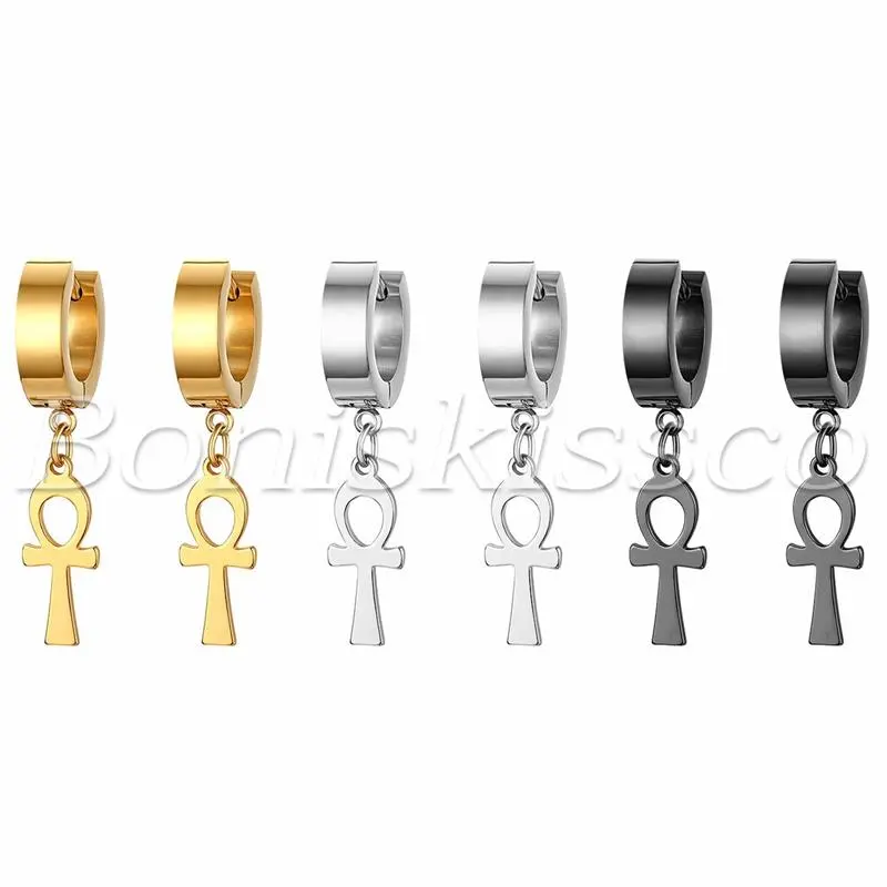 6pcs Men's Women's Stainless Steel Ankh Egypt Cross Drop Dangle Hoop Earrings