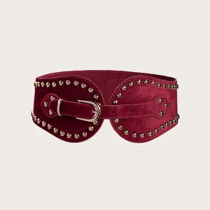 Women's Fashionable and Stylish Suede Rivet Elastic Wide Waist Belt Adjustable Western Style Stretch Belt Studded Leather Belt