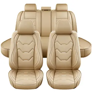 Beige Premium Napa Leather Seat Covers Full Set For Car Sedan 4 Door 2 Row 5 Seats, Front Rear Cushion Pad, Non-Slip Seat Covers Split Rear Benches Protector Mat Waterproof, Full Surround with Storage Bag, Universal Vehicle Interior Decoration Accessories