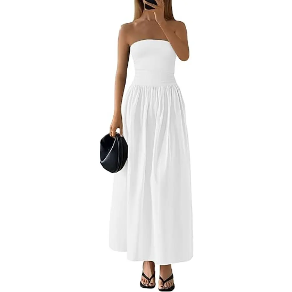 PRETTYGARDEN Women Summer Elegant Strapless Maxi Dress Tube Top Dress A Line Flowy Long Wedding Party Cocktail Dresses