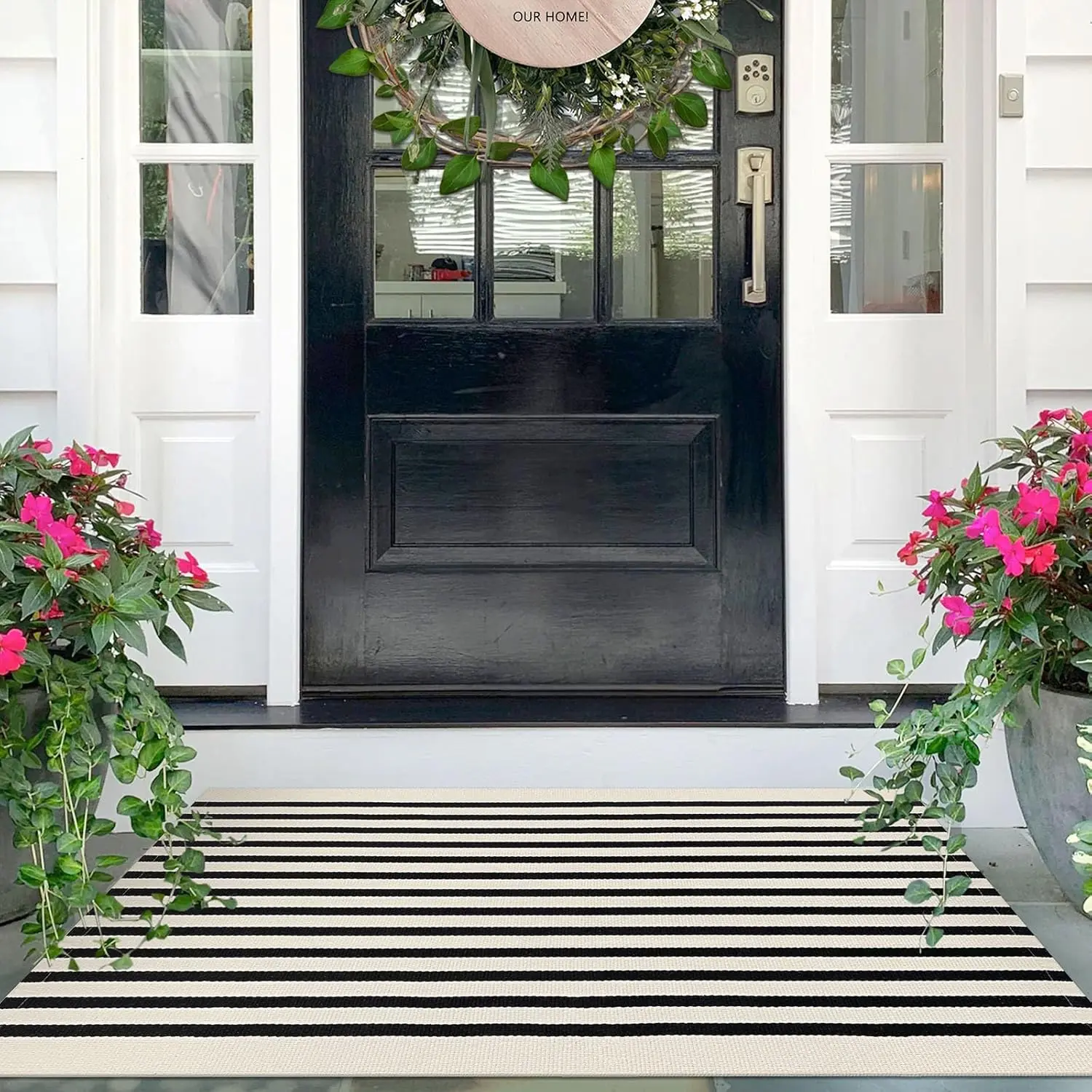 Black and Beige Striped Washable Area Rug, 2.3 x 3.6 ft, Small Indoor Outdoor Doormat for Front Door, Porch, Entryway, Entrance, and Home Decor