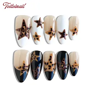 10pcs Handmade Press On Nails Acrylic - Medium Almond Shape Beige & Black Nails, Handcrafted Star-Leopard Pattern Decor Fashionable Mixed Style, for Daily Wear & Dating with Jelly Glue & Nail File