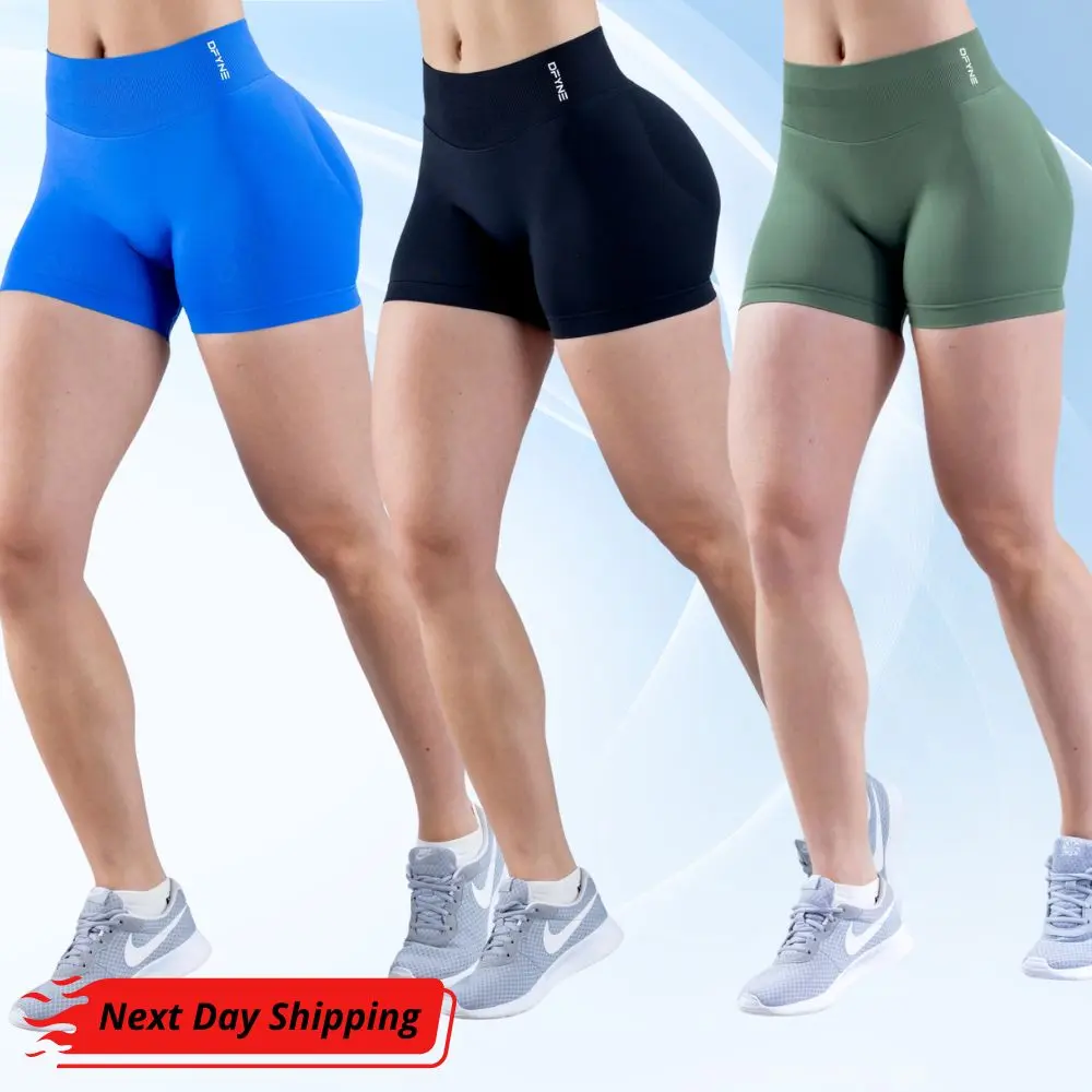 Women's DFYNE Impact Gym Shorts 4.5" High Stretch Durable Fabric Seamless Glute Contour Low Ribbed Band 90Nylon10Elastane
