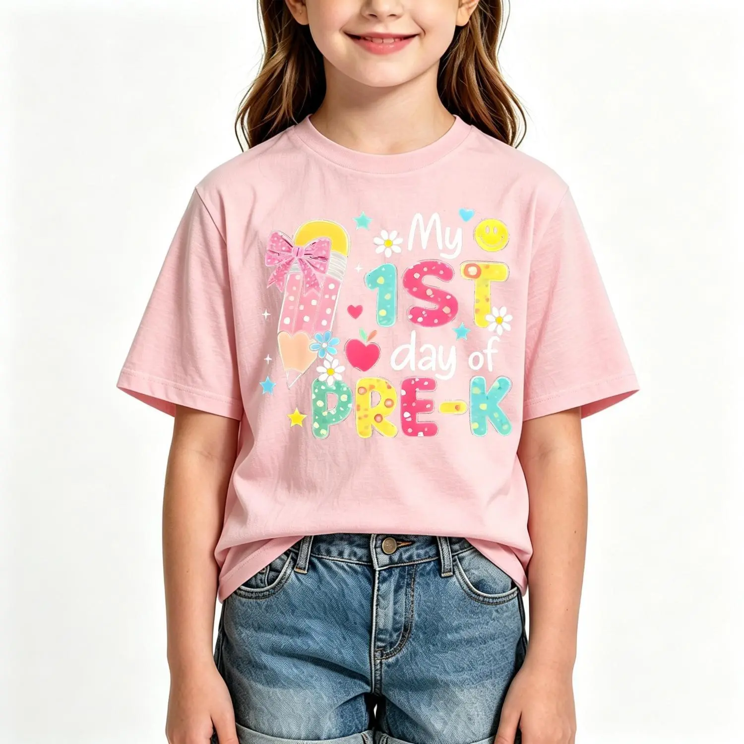 Kids Back to School Pre-K Graphic Cotton T-shirt First Day of School Outfit Short Sleeve T-shirt for Girls