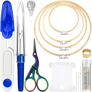 53 Pcs Embroidery Starter Kit Includes Bamboo Circle Cross Stitch Hoop Ring Sewing Scissors Needle Threading Tools Thimbles Floss Bobbins Seam Ripper and Embroidery(Blue) - Home Improvement.