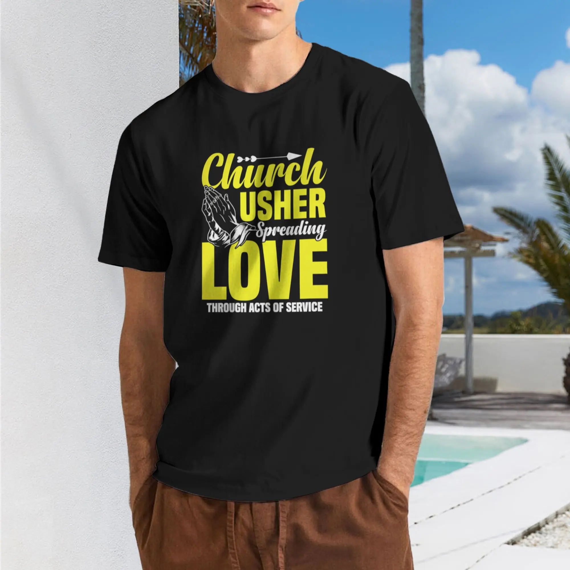 Men's Church Usher Graphic T-Shirt - Black with Bold Yellow Lettering - Vintage Style Shirt - "Church Usher Spreading Love Lord" Religious Apparel - Soft Crew Neck Tee for Church Events - Christian Gift for Men