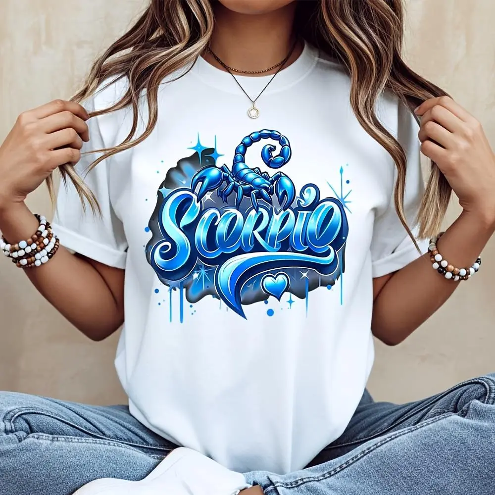 Blue Scorpion Zodiac Graphic Print T-Shirt, Astrology Sign Fashion Top, Casual Daily Wear Summer Streetwear