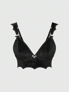 Gothic Style Velvet Bat Shaped Metal Pendant Triangle Cup Wireless Bra