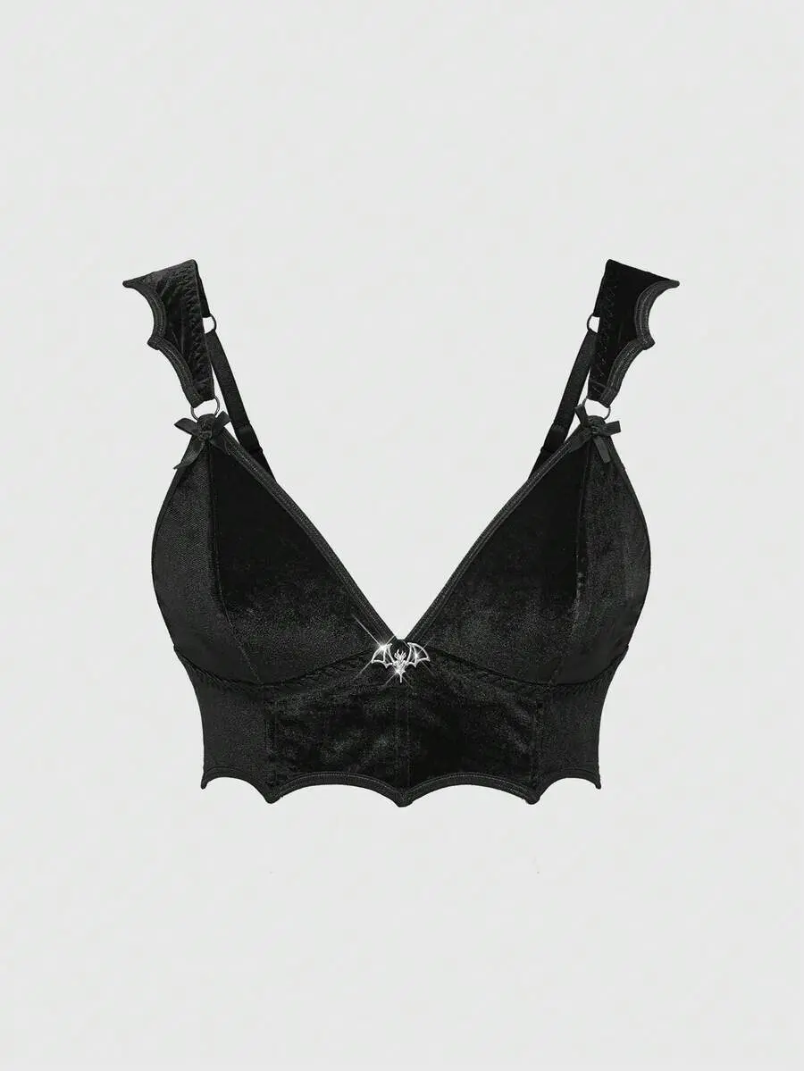 Gothic Style Velvet Bat Shaped Metal Pendant Triangle Cup Wireless Bra