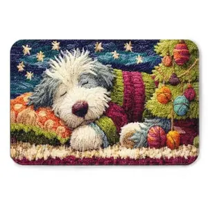 Old English Sheepdog Mat Sleeping by Christmas Tree Cozy Holiday Gift for Sheepdog Owners Fluffy Plush Soft Doormat Washable Xmas Decor Dog Lover Present