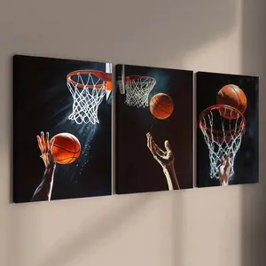 3-Pack Wooden Frame Canvas, Dynamic Basketball Shooting Trio Decorative Posters, Modern Art, Waterproof, Home Office Wall Art