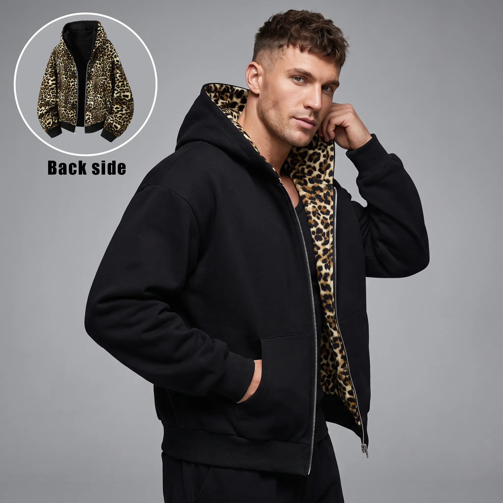 Unisex cotton-blend zip-up hooded jacket with reversible leopard-print lining; double-sided hoodie jacket (two ways to wear); men’s apparel; suitable for everyday wear, commuting, and streetwear.