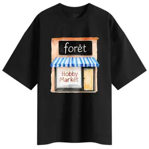 Oversized T-Shirt Black Hobby Market Storefront Graphic Print Casual Daily Wear Menswear Tops Short Sleeve Crew Neck Summer Tops