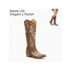 lumeheel Brown Cowboy Boots For Women - Wide Calf Knee High Cowgirl Boots, Glitter Sparkly Rhinestone Western Country Boots With Classic Embroidery, Pointed Toe Pull On Zipper Retro Fashion Tall Boots