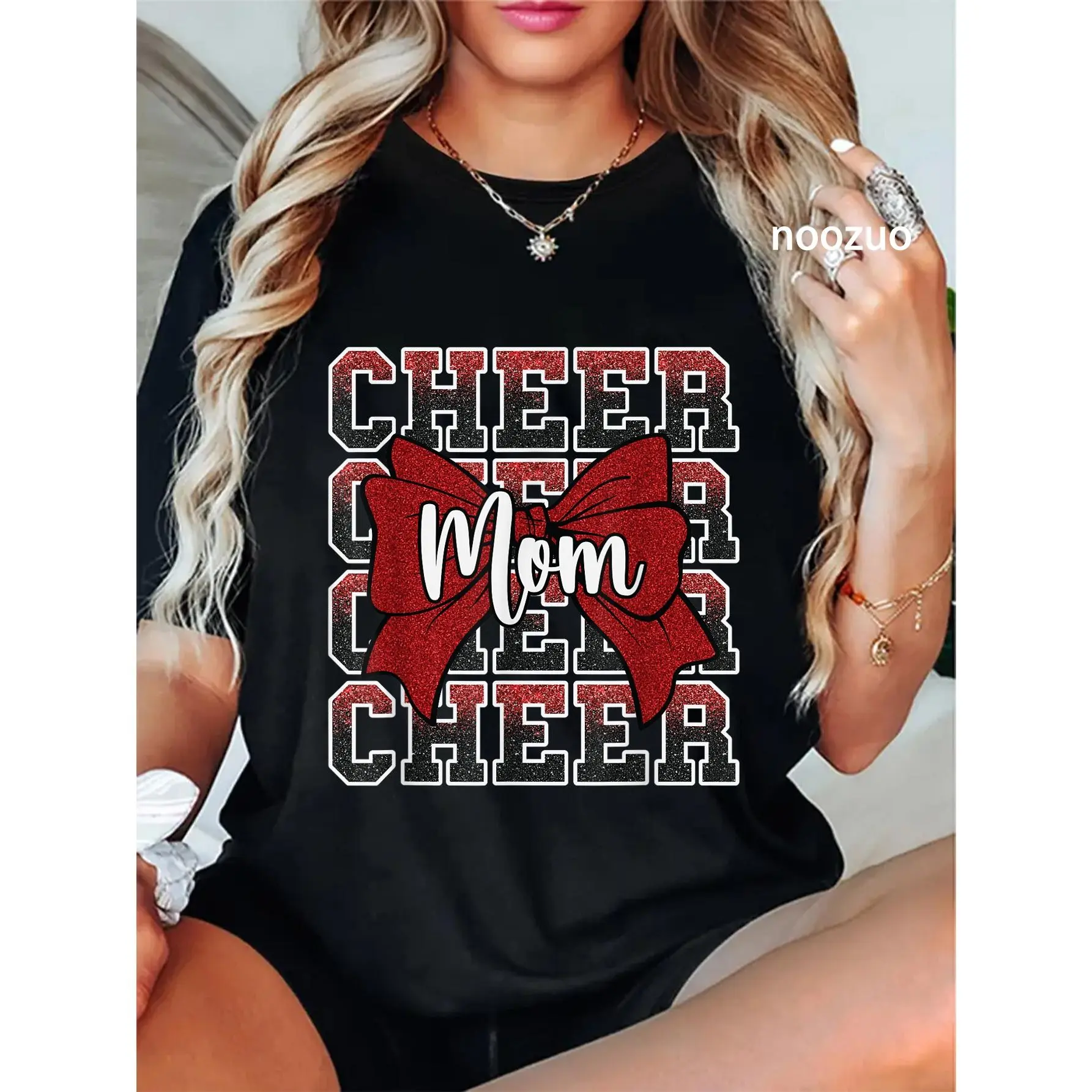 100% Cotton Cheer Mom Mama Bow Sport Cheerleader Cheerleading Red T-Shirt