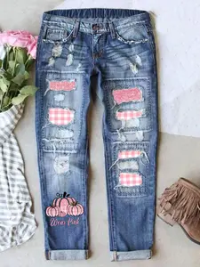 Halloween Pumpkin Print Jeans, Distressed Ripped Design, Elastic Waistband, Breathable Fabric, Fitted Long Denim Jeans for All Seasons