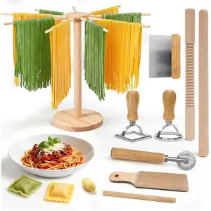 Pasta Making Tools 9 Pcs with Pasta Drying Rack, Threaded Rolling Pin, 2 Rolling Pins, Gnocchi Board, Dough Cutter, Wheel Cutter, 2 Ravioli Stamps, Pasta Making Kit Accessories for Home