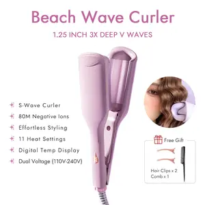 Antaya Beach Waves Curling Wand,11 Heat Level , Ionic Deep Waver Hair Curler Tool with Ceramic 3 Barrel for Women, Dual Voltage, Anti-Scald, Easy to Use crimper iron hair crimper bed head waver Comfort