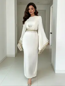 Women's Elegant Formal Chic Autumn Long Sleeve Flare Sleeve Embroidered Sequins Waist Cinching Maxi Dress, Stylish Fall Fashion Elegance