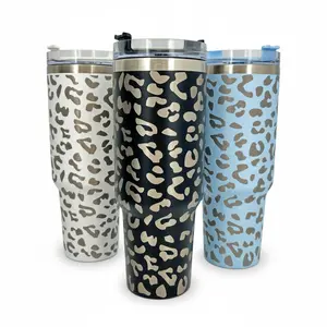 40 oz Tumbler with Leopard Print – Light Blue & Gray Design, Built-In Handle, and Straw Lid for Everyday Sipping in Style