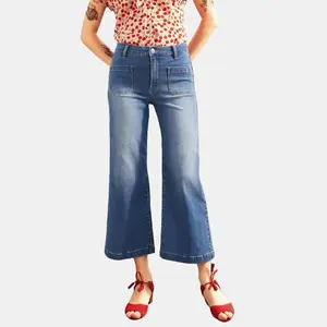 ModCloth Boardwalk Beauty Wide Leg Denim Cropped Blue Jeans with Pockets - Medium Wash (2-26W) Pants