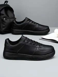 Unisex All-Black Leather Perforated Casual Sports Sneakers: Minimalist Sports Style, All-Black Tone, Leather Upper, Perforated Breathable Structure, Lace-Up Design, Wear-Resistant Flat Sole. Ideal for Daily Sports & Leisure Styling