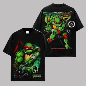 Vintage Ninja Turtle Graphic Tee, Retro Cartoon Hero Streetwear Shirt, TMNT Inspired Oversized Black T-Shirt, 90s Comic Character Urban Fashion, Anime Style Action Graphic Unisex Cotton Tee, Cowabunga Retro Style Apparel
