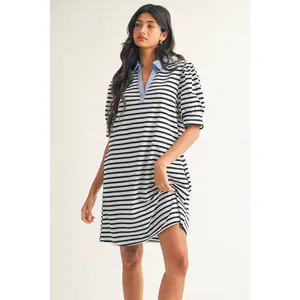 Stripe Contrast V Neck Collared T Shirt Mini Dress: Black