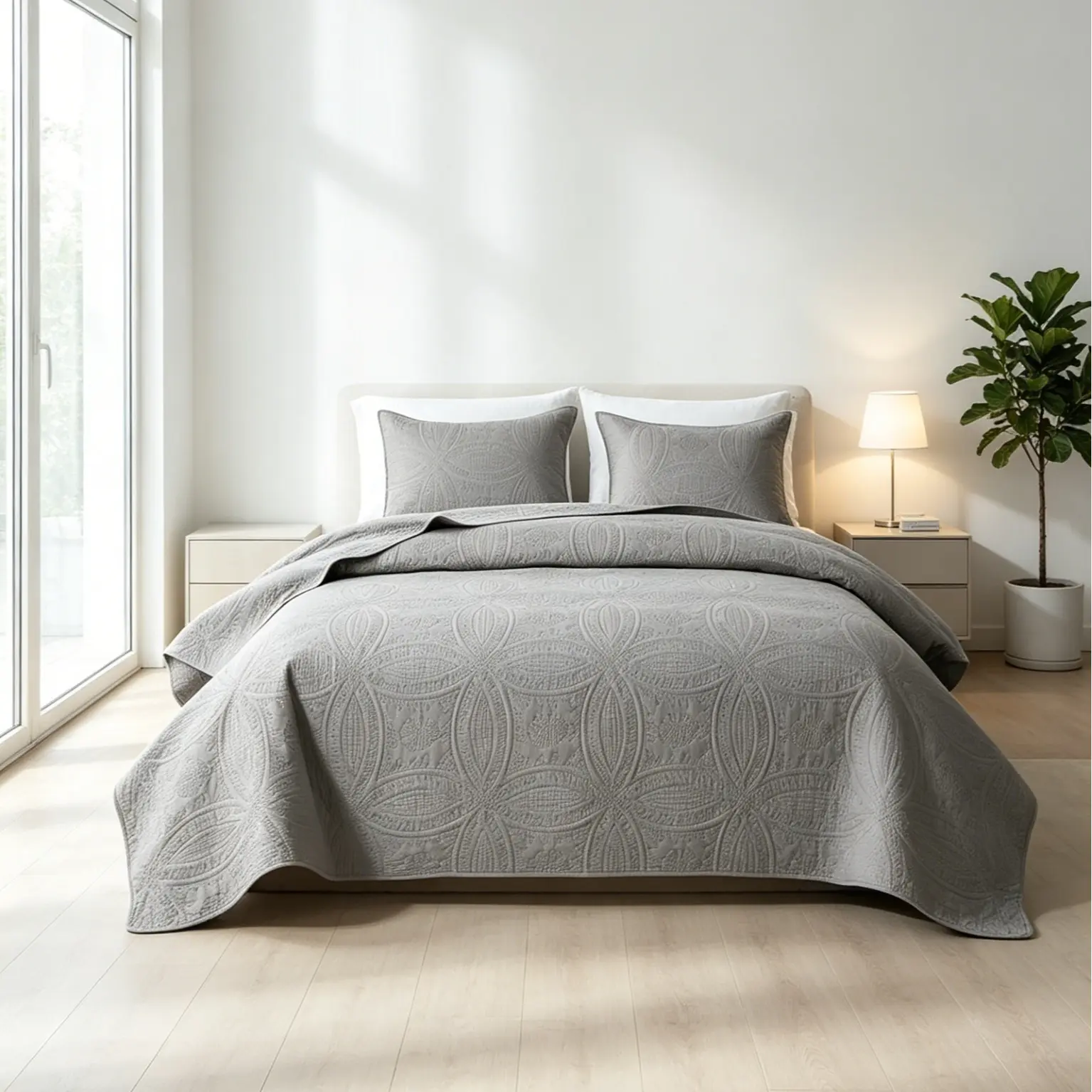 【Deas For You Days】Gray Ultrasonic Quilt Set, 3 Piece Queen Size Bedding, Lightweight Soft Coverlet, Stitch-Free Modern Bedspread for All Seasons, Machine Washable