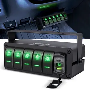 Nilight 5 Gang Rocker Switch Box 12V SPST ON Off Toggle Switches PD Type C and QC 3.0 USB Charger Voltmeter LED Light Waterproof Aluminum Mount Bracket  Panel DIY Stickers for Boat Car RV Truck