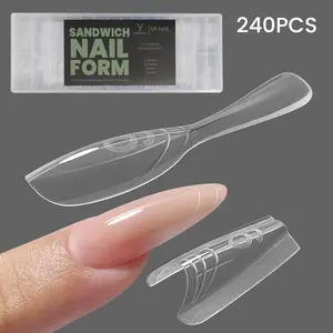 YOKEFELLOW Original Sandwich Nails Dual Forms W558 Almond Clear Nail Mold with Guide Lines for Quick Nails Extension Reusable Nail Forms 240PCS/BOX 15 Size Nail Extension Upper Forms and Bottom Forms No Paper Forms Needed Plastic Form Salon Nail Art Tools