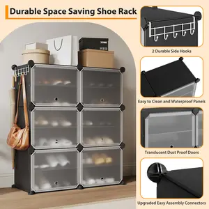 Modular DIY Plastic Shoe Storage Cabinet with Doors, 6-Cube Portable Shoe Organiser, Space-Saving for Hallway, Bedroom & Living Room, Reinforced Heavy-Duty Structure