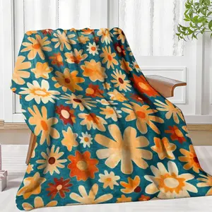 Retro Boho Daisy Flower Print Flannel Fleece Throw Blanket - Breathable Softness, Multi-Size, Warm Portable Napping Blanket for Home, 70s Bedroom Decor