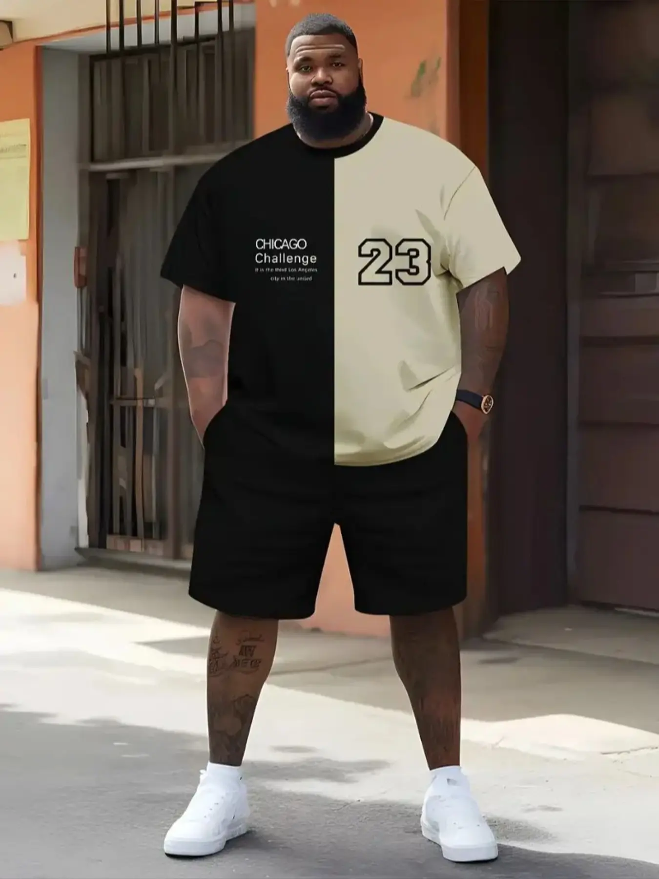 Men's Plus Size 3D Print Chicago 23 Pattern T-Shirt and Shorts Set, Color Block Design, Polyester Spandex Blend, Casual Sportswear