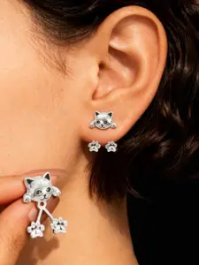 A pair of silver cat paw pendant earrings for women, Stud earring jewelry, featuring an adorable pet-themed design. Perfect for daily commuting and parties, making it an ideal gift for women. Hypoallergenic and suitable for everyday wear