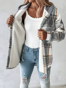 Women's Fall Winter Outdoor Striped Plaid Geometric Print Jacket, Casual Loose-Fitting Digital Print Coat, Single Piece Outerwear