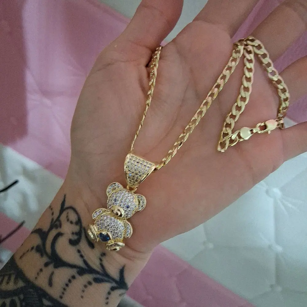 6  mm cuban link chain 18 with teddy bear pendant -14 k gold laminated.