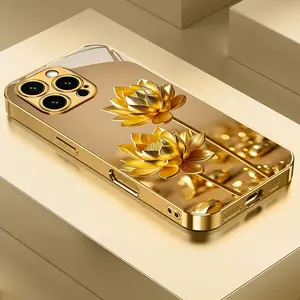 Gorgeous Golden Lotus New Electroplated Gold Phone Case for iPhone 16, 15, 14, 13, 12/iPhone 16, 15, 14, 13, 12 Plus/iPhone 16, 15, 14, 13, 12 Pro/iPhone 16, 15, 14, 13, 12 Pro Max/iPhone 11/11 Pro/11 Pro Max Full Coverage Anti-drop Tempered Glass Protect