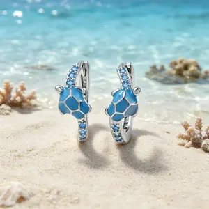 Dainty Turtle Hoop Earrings, Blue CZ Sterling Silver Earrings, Summer Vacation Jewelry for Women
