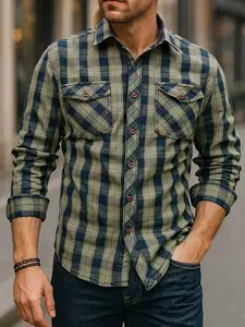 Men’s vintage-style denim shirt for spring and autumn, featuring a long-sleeve design with a collar. This classic and versatile jacket is perfect for layering, featuring a unique plaid denim shirt that has been hand-washed.