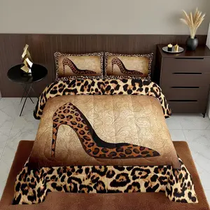 Leopard High Heels Bedding Set,Romantic Mandala Floral Comforter Set for Kids Girls Women Adult Room Decor Wild Animals Skin Quilt Set,Fashion Brown Duvet Insert